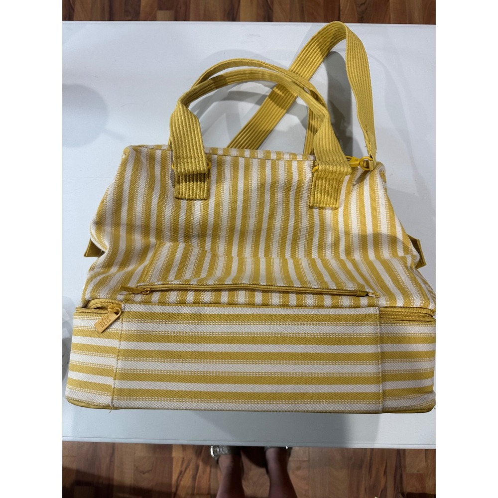 BEIS The Weekender Bag Honey White Stripe Canvas Travel Tote Limited Edition.